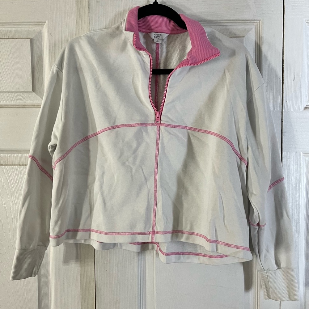 Crown & Ivy White and Pink Quarter Zip Cropped style pullover with pink details